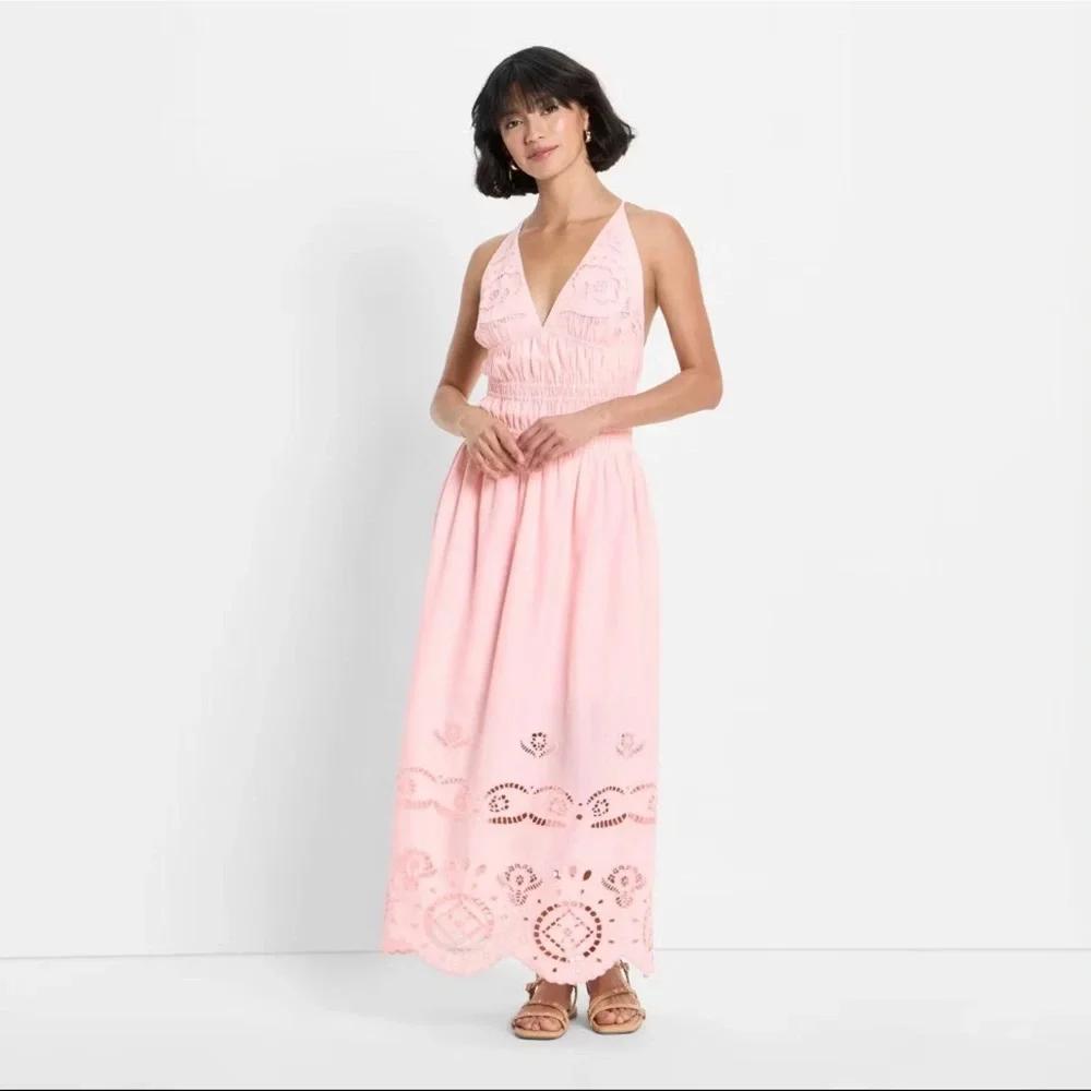 Future Collective Women's Eyelet Maxi A-Line Dress - Light Pink L - Picture 3 of 10